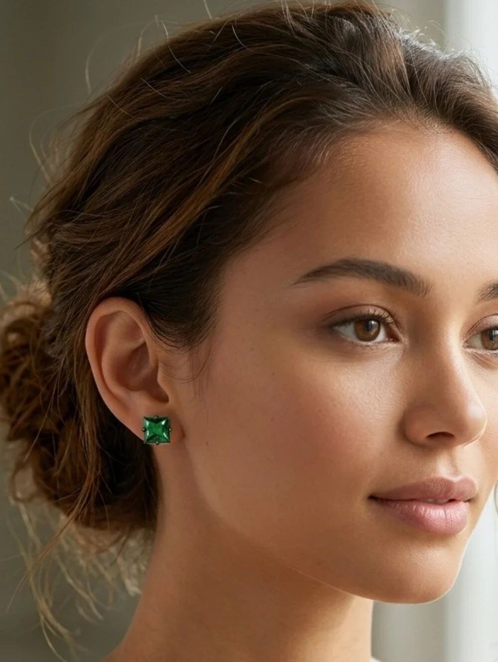 Vintage Style Dark Metal Square Green Crystal Studs